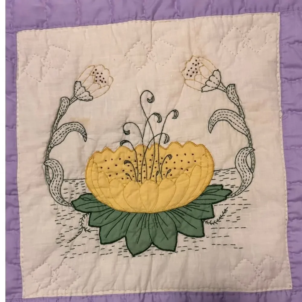 Handmade Floral Patchwork Quilt Lavender & Yellow 1970s Full/Queen 78x93
